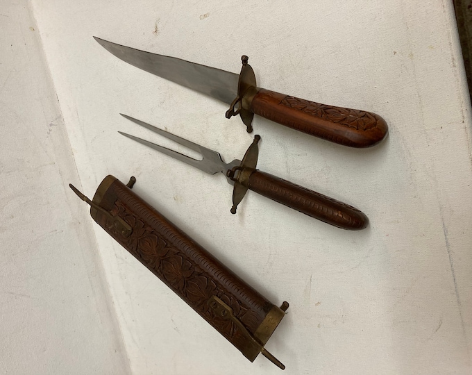 Vintage Fork and Knife Set in a handmade carved wooden display with brass fittings