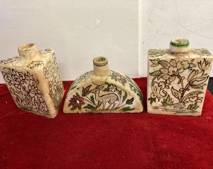 Antique Middle Eastern Ceramic Jars, Crackle Glazed Floral & Bird Design