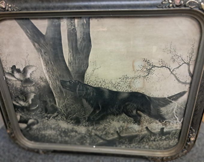 Signed Vintage  Lithograph .Hunting Dog Chasing Ducks