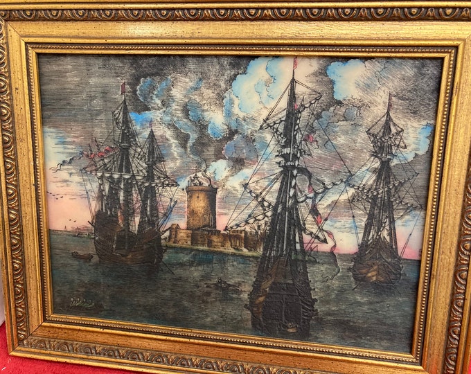 Vintage Hand Painted  Etching on Resin,  Battle Ships & Castle  in Wood Frame