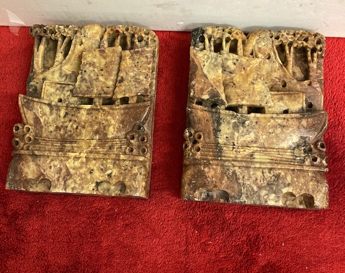 Antique Hand Carved Soapstone Bookends – Chinese Fishing Boat Scene