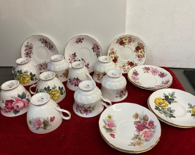 9 Vintage Queen Anne , Cups and Saucers, Floral Pattern ,Bone China, England