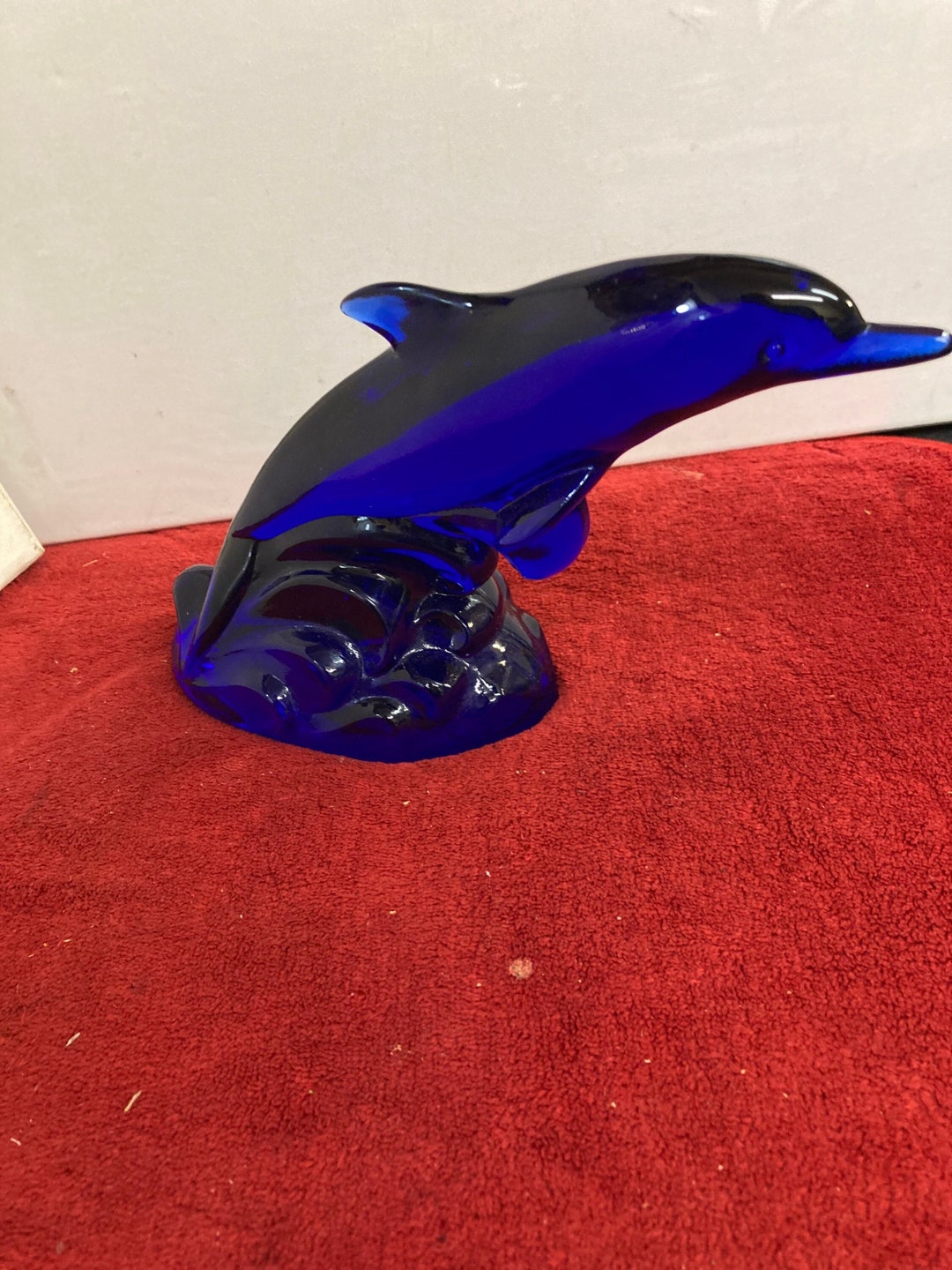 Vintage Made in Murano Italy Blue and Green Glass Jumping Dolphin on Glass Stand