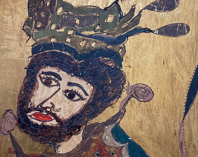 Vintage Painting on Wooden Panel. Medieval  Era look,
