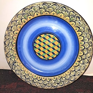 Collectible Decorative Plate: Blue, Yellow, Green Geometric Pattern,  Signed  and  Dated