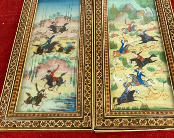 Two Miniature Paintings in Traditional Mosaic Design Wood Frame