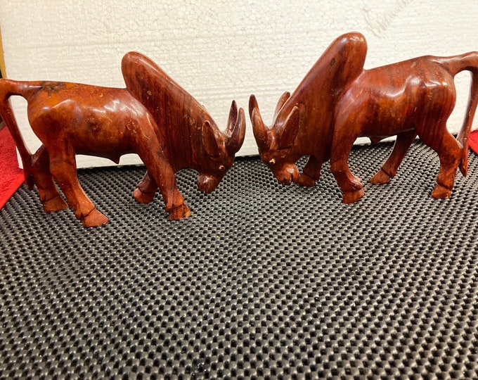 Two Unique Folk Art hand Carved wood Pullikulam Zebu Bulls