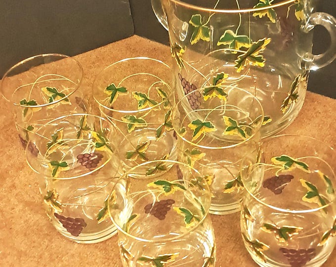 Vintage  Grape Art Glass Ice Bowl with 6 Matching Festive  Glasses