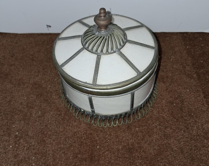Vintage Porcelain Trinket  Powder Box With Metal  Trimming