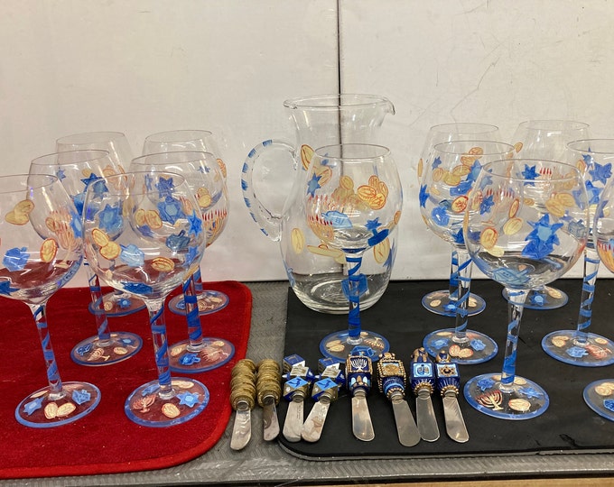 22 Pcs Hand Painted  Hanukkah Pitcher & Wine  Glass Set plus  Spread  Knives