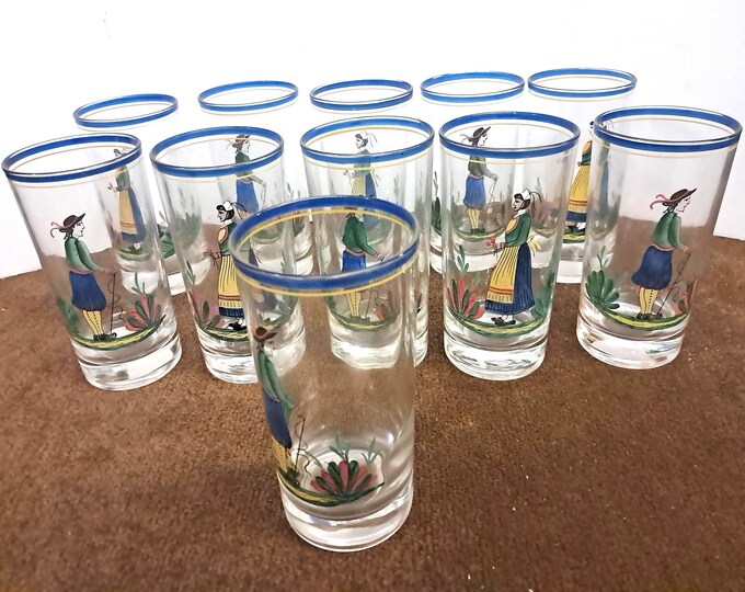 11 Glassware Tall Tumblers Henriot (Lady Or Man Center) by Quimper
