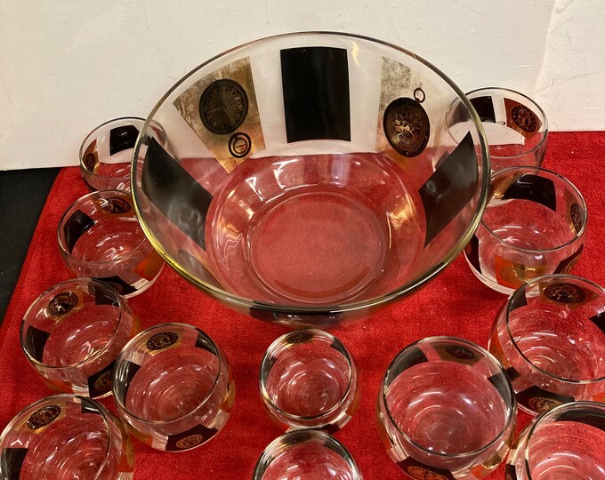 Mid-Century Cera Punch Bowl Set: Gold & Black Coin Glasses