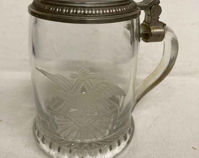 Etched Anheuser- Bush Stein Clear Glass Beer Lidded Pewter Lid Eagle Design