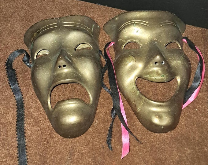 Vintage Brass Tragedy and Comedy Wall Masks, Art Decor