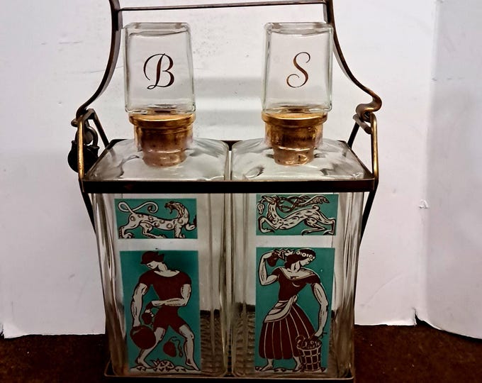 Vintage Fran Taylor Whiskey Decanter Set: The Harvesters, 22K Gold & Turquoise