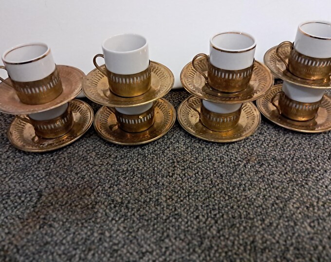 8 Bellini Veracruz Porcelain Brass Espresso Demitasse Cups /Saucers Set