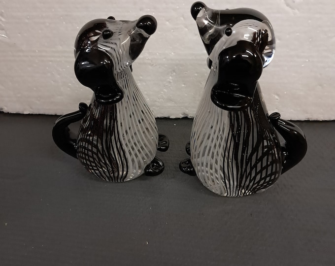 Two Murano Style Hand Blown Art Glass Clear Black & White Striped Dogs