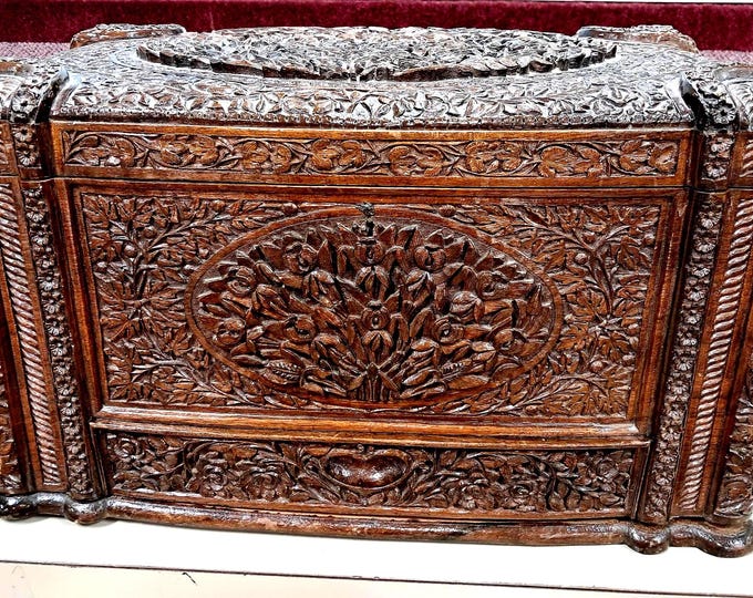 Antique  Exquisite Solid Wood Hand Crafted  Floral Design Chest