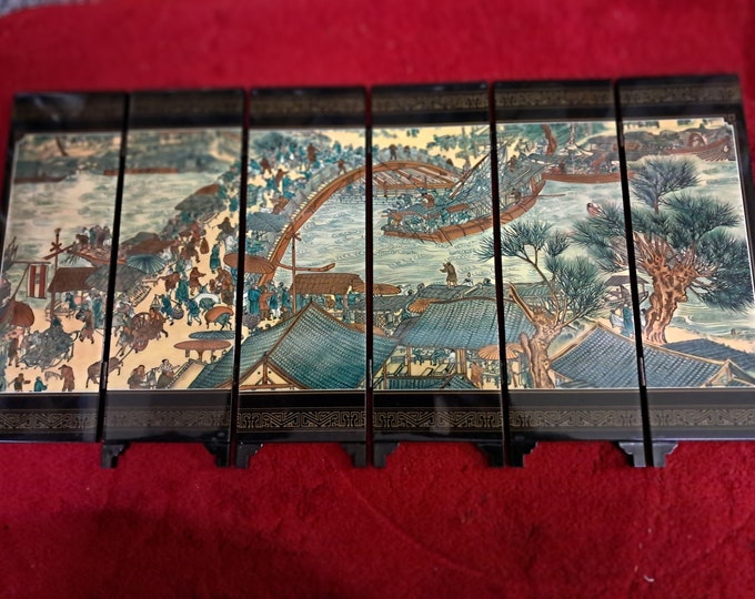 Asian Table Screen 6 Panel Symphonic Picture Riverside Scene @ Qingming Festival