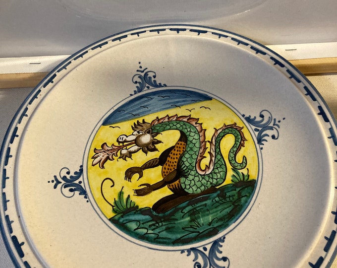 Vintage 10" Pottery Wall Art Dragon~ Blue Trim ~ Mint
