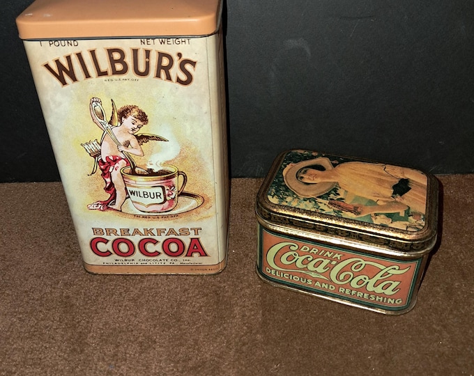 Two  Vintage Tin  Containers,  Wilbur's Breakfast Cocoa  And  Coca Cola