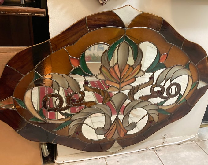 Large Antique Handmade Floral Design  Oval  Shape Stained Glass