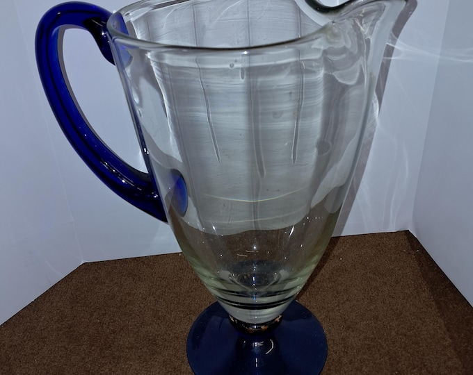 Vintage  Crystal Pitcher, Art Deco Clear Cobalt Blue Trim Gold Ball Base