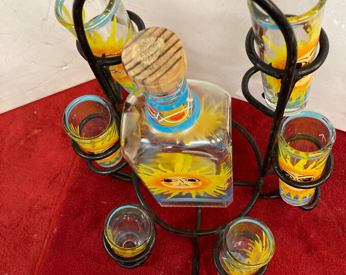 Hand Painted  Decanter and 6 Shot Glasses   with Custom Made Metal Stand