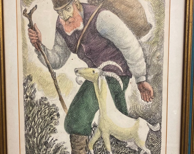 Limited Edition  of Chaim Goldberg "Old Man & Goat" Embellished Lithograph