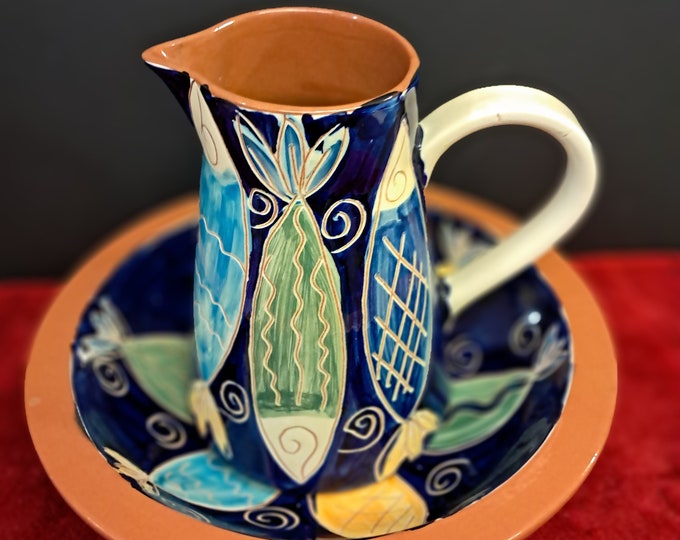 Large 2-qt Portuguese Blue Fish-Themed Terra Cotta Bowl & Pitcher Set  Collectible, Molde Portuga