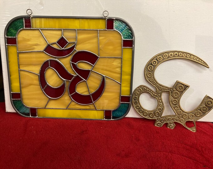 Stained glass "OM"+ Handmade Bronze  OM  Symbol  & Panel