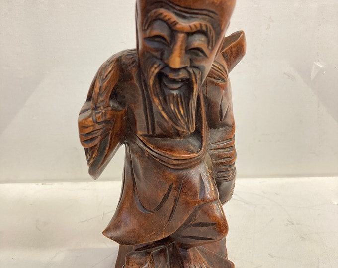Vintage Wooden Hand Carved HAPPY FISHERMAN- Elder Asian Statue, Chinese