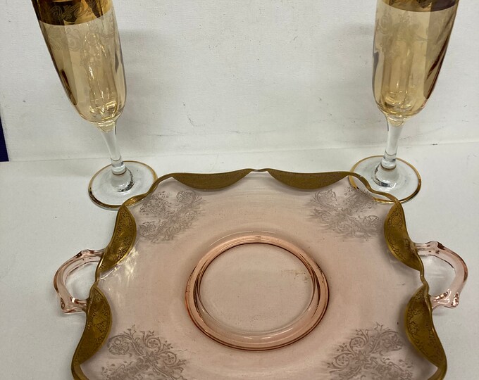 5 Pcs ,Vintage  Amber  Glass Plates & Champagne  Glasses