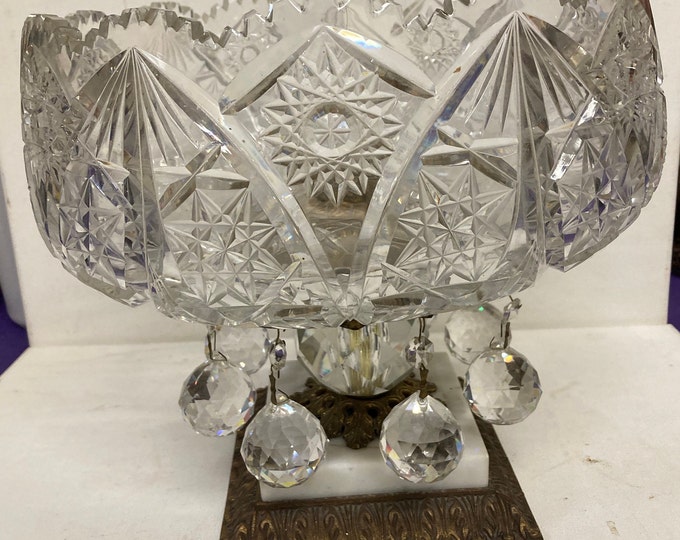 Vintage Heavy Crystal Centerpiece Bowl With Marble and  Brass Stand and Pendants.