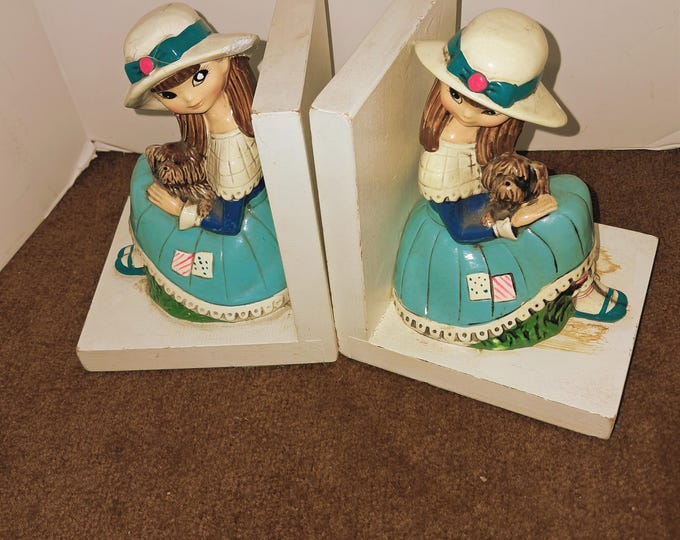 Vintage Mid Century  Earl Bernard Girl With  Dog Wood  Bookend