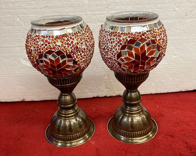 Pair of Hand Made Glass Mosaic Table  Candle Holders