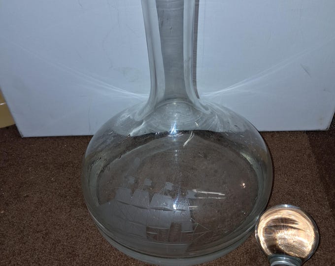 Vintage Glass Decanter with Etched Ship