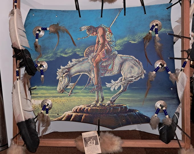 Enf of The Trail Native Indian Feather Embroided ,Painted on  Leather Wall Hanging