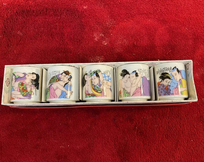 5 Small Glasses for Soju Decorated with Traditional Illustration About Man and Woman.