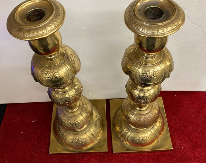 Antique Norblin & Co Brass Shabbat Candlesticks Warszawa, Poland 1890 Art Nouveau
