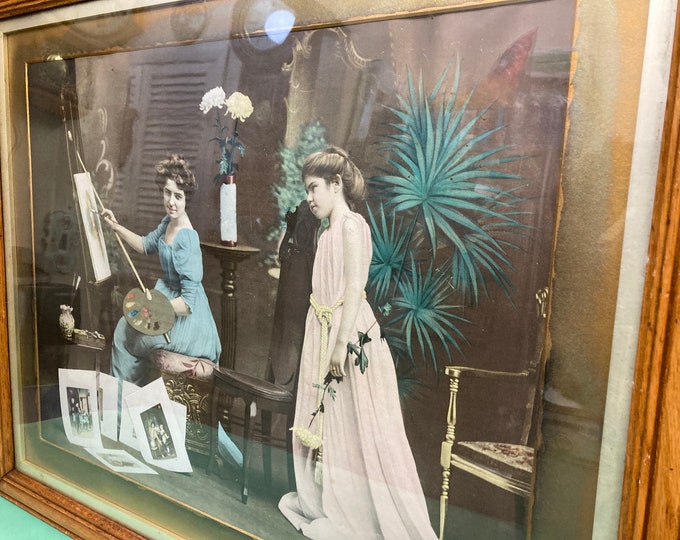Autochrome Lithograph Print, Two Women in Costume, Early 1900s Framed