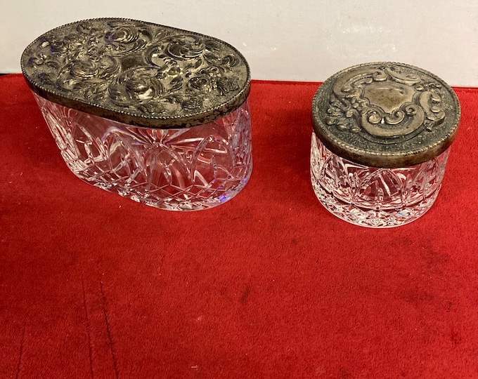 Two 1970s Oval & Round Atlantis Crystal Boxes With Silver Repoussé Lid