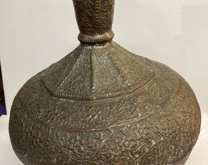 19th Century Islamic Brass Vase, Hand-Chased Bronze Patina