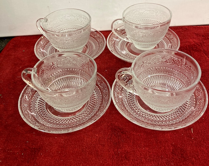 Vintage Federal Heritage Glass Cup and Saucer - Clear.Set of   Four