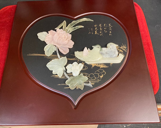 Vintage Chinese Jade Wall Plaque, Duck and Flower Shadowbox