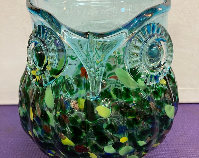 Hand Blown Large Speckled Confetti Owl Vase 9" Tall