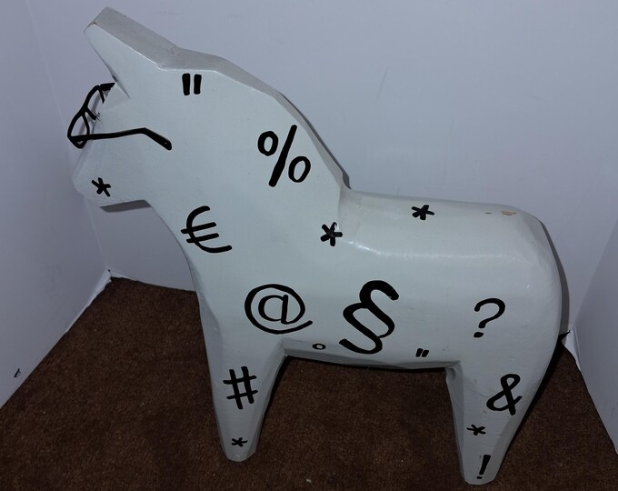 Vintage Ikea Swedish Dala Horse White Black Symbols  with  Glasses 10in Tall
