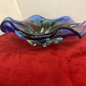 Vintage  Tucked Bowl  Art Glass  in Blue ,Green , & Clear Colors
