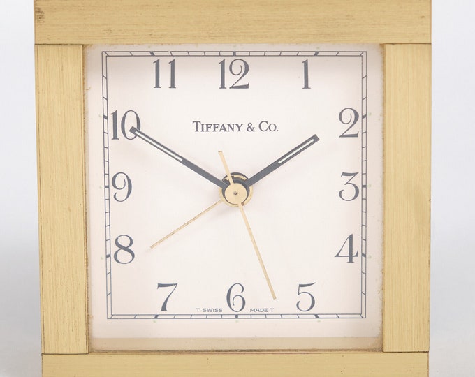 Tiffany & Co. Machined Bronze or Brass Square Mantel Desk Clock With Alarm