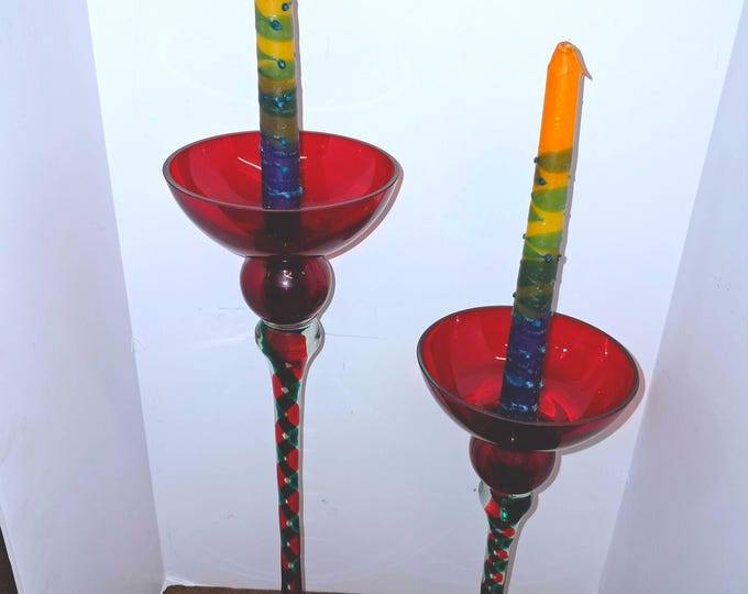 Handblown Polish Crystal Candle Holders: Red & Green Art Glass with Safed Candles